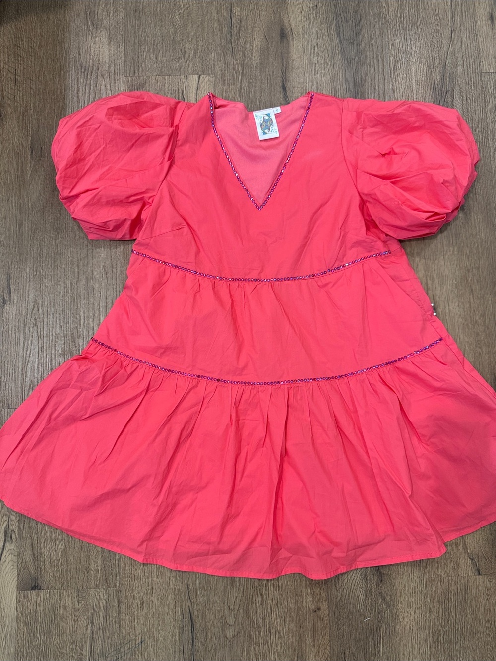 QUEEN OF SPARKLES Fireworks Coral Puff-Sleeve Tiered Mini Dress